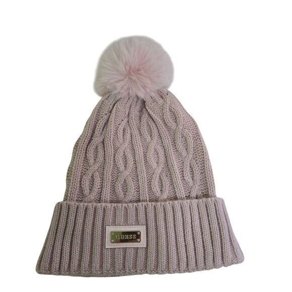 Guess Blush Pink CableKnit Logo Pom Pom Beanie One Size - Picture 1 of 3